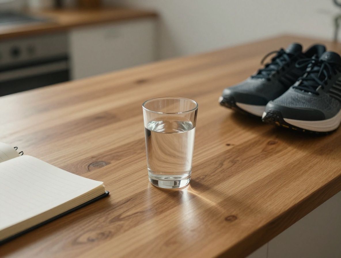 Early morning light falling across a wooden kitchen counter with a simple glass of water, a journal, and a pair of running shoes placed neatly nearby