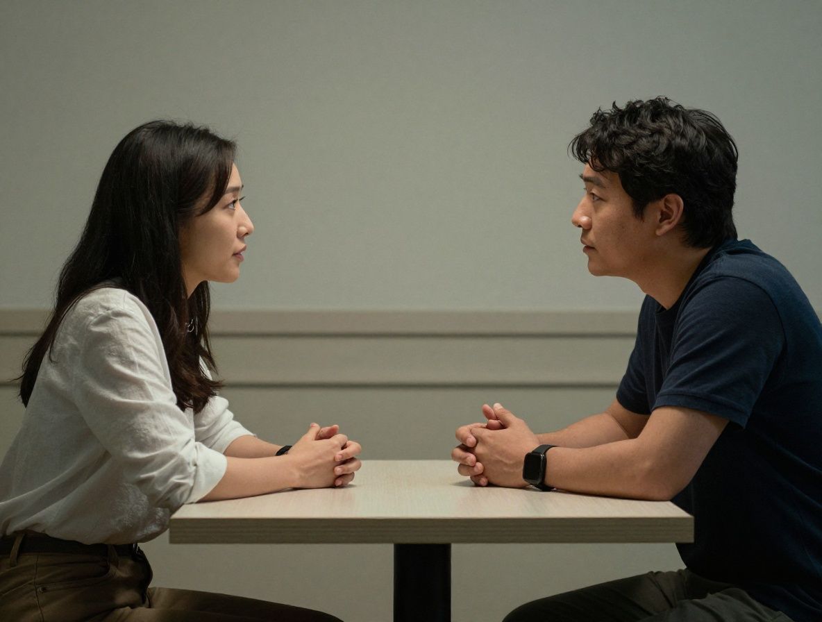 Two pairs of hands resting on a wooden table close together, suggesting attentive presence and interpersonal connection in a quiet natural light setting