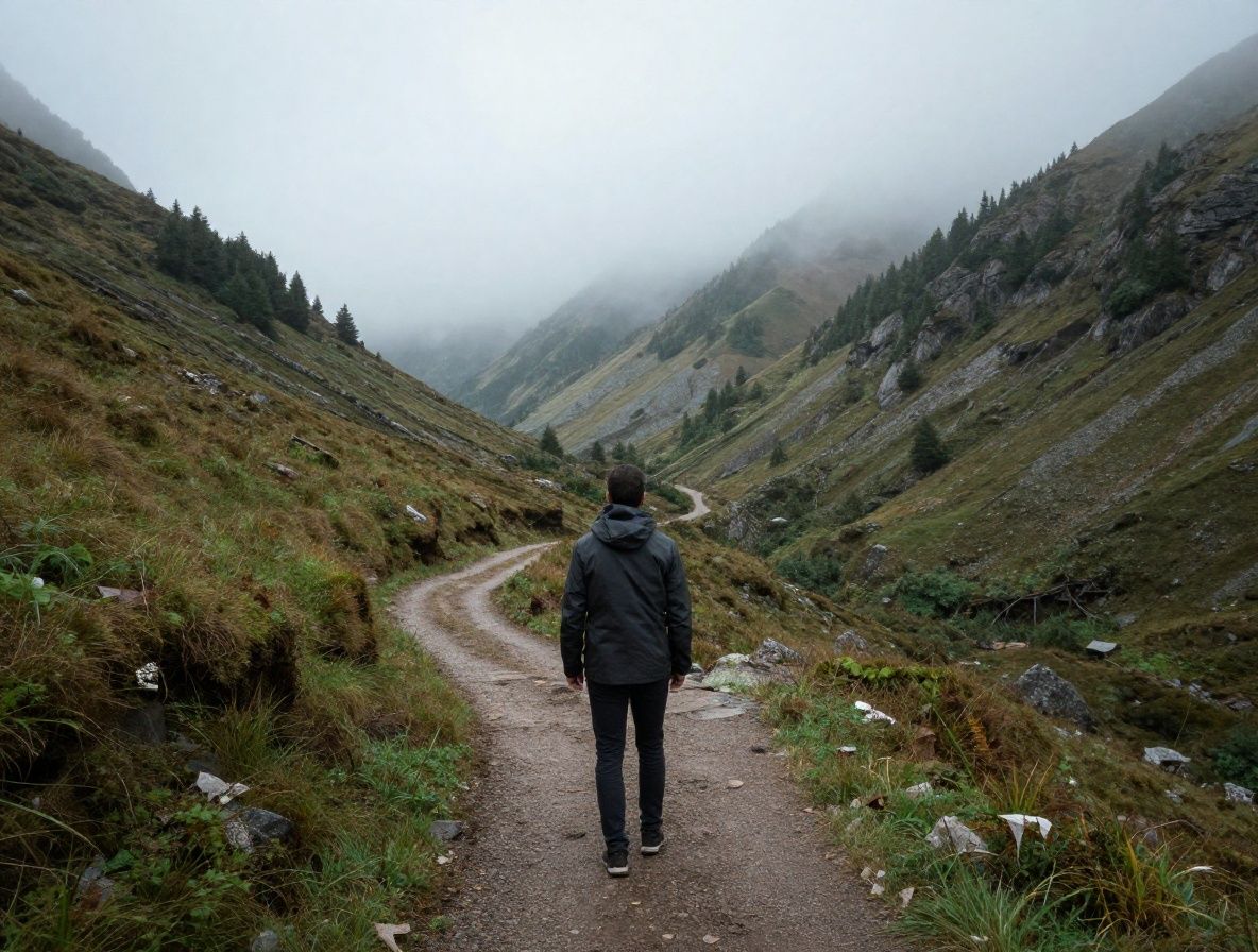 A person viewed from behind standing at a fork in a mountain trail, surveying two diverging paths leading into a misty forested landscape