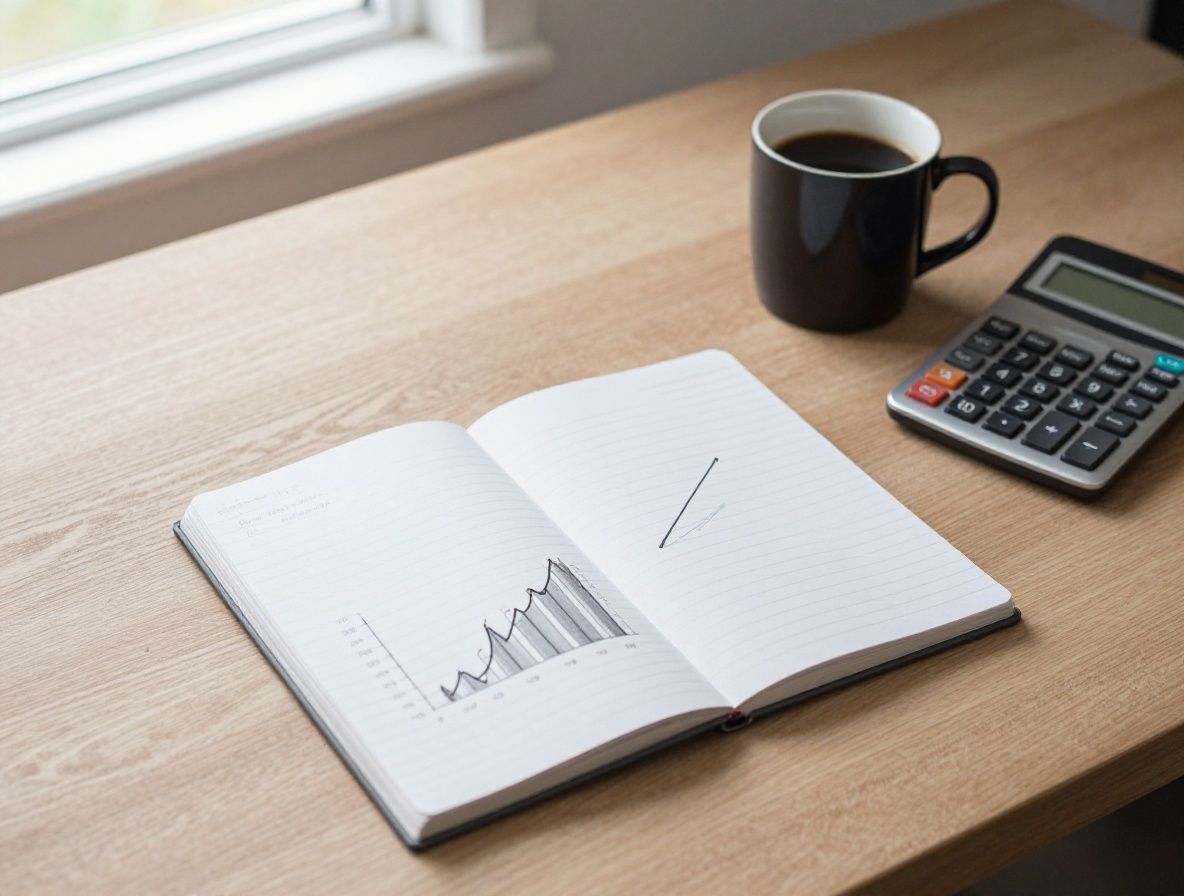 A clean wooden desk with a simple notebook open to a hand-drawn graph, a small calculator, and a cup of black coffee beside natural window light